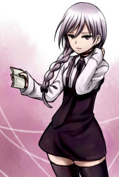 Rule 34 | 1girl, black choker, black necktie, black skirt, black thighhighs, book, bow, braid, choker, commentary request, cowboy shot, danganronpa: trigger happy havoc, danganronpa (series), expressionless, hair bow, hair over shoulder, hand on own neck, high-waist skirt, highres, holding, holding book, kirigiri kyoko, long hair, long sleeves, looking at viewer, necktie, nico (nico alice), open book, pink background, shirt, single braid, skirt, solo, thighhighs, white background, white shirt, zettai ryouiki