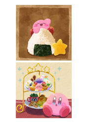 Rule 34 | absurdres, blush stickers, cookie, cup, food, food focus, happy, highres, kirby, kirby (series), kirby cafe, looking at viewer, macaron, marshmallow, maxim tomato, miclot, mug, nintendo, no humans, onigiri, open mouth, pink footwear, sandwich, scone, shoes, simple background, smile, sparkling eyes, tiered tray, waving, white background
