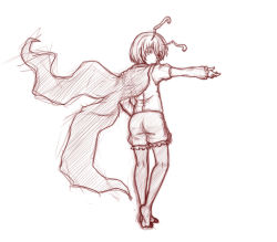 Rule 34 | 1girl, antennae, black pantyhose, cape, female focus, from behind, kuro suto sukii, looking back, monochrome, outstretched arms, pantyhose, short hair, shorts, sketch, smile, solo, touhou, wriggle nightbug