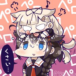 Rule 34 | 10s, 2girls, :3, :d, ahoge, blue eyes, blush, bow, braid, brown hair, commentary request, dog tail, hair bow, hair flaps, hair ornament, hair ribbon, hairclip, kantai collection, kemonomimi mode, licking, long hair, multiple girls, musical note, on head, open mouth, person on head, quaver, remodel (kantai collection), ribbon, school uniform, serafuku, shigure (kancolle), single braid, smile, tail, tail wagging, tanaka kusao, tongue, tongue out, translation request, yuudachi (kancolle)