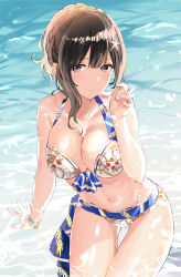Rule 34 | 1girl, arm support, bare shoulders, bikini, bracelet, braid, breasts, brown eyes, brown hair, cleavage, closed mouth, day, fingernails, hair ornament, highres, idolmaster, idolmaster shiny colors, jewelry, kuwayama chiyuki, lips, looking at viewer, medium breasts, navel, outdoors, partially submerged, smile, solo, sparkle, star (symbol), star hair ornament, stomach, swimsuit, temir, thighs, water