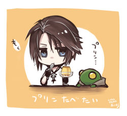 Rule 34 | 1boy, black gloves, blue eyes, brown hair, chibi, commentary, dated, eating, final fantasy, final fantasy viii, food, gloves, hiryuu (kana h), holding, holding spoon, hood, jewelry, looking at another, male focus, necklace, orange background, pudding, scar, scar on face, shirt, short hair, signature, simple background, spoon, squall leonhart, tonberry, translated, upper body, utensil in mouth, v-neck, white shirt, yellow eyes