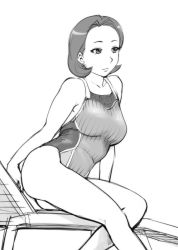 Rule 34 | 10s, 1girl, bare shoulders, beach chair, breasts, captain earth, competition swimsuit, earrings, greyscale, jewelry, large breasts, mature female, monochrome, one-piece swimsuit, short hair, sitting, smile, solo, swimsuit, ueyama michirou, yomatsuri tsubaki
