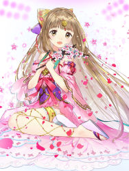 Rule 34 | 10s, 1girl, bad id, bad pixiv id, blush, branch, brown eyes, brown hair, cherry blossoms, dress, gold trim, head chain, highres, holding, holding branch, idolmaster, idolmaster cinderella girls, idolmaster cinderella girls starlight stage, japanese clothes, jewelry, long hair, looking at viewer, macciatto (aciel02), open mouth, pink dress, sandals, sitting, smile, solo, thigh strap, very long hair, wariza, yorita yoshino
