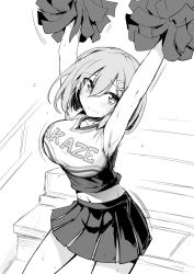 Rule 34 | 10s, 1girl, alternate costume, armpits, arms up, blush, bouncing breasts, breasts, cheerleader, commentary request, crop top, greyscale, hair between eyes, hair ornament, hairclip, hamakaze (kancolle), highres, ishima yuu, kantai collection, large breasts, looking at viewer, miniskirt, monochrome, navel, pom pom (cheerleading), short hair, skirt, solo, stairs