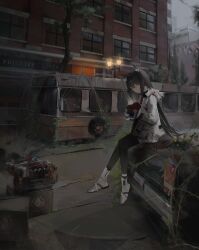Rule 34 | 1girl, abandoned, absurdres, animal ear fluff, animal ears, arknights, black hair, black pantyhose, boboyo, building, bus, car, engine, full body, gloves, highres, jacket, long hair, long sleeves, looking at viewer, motor vehicle, official alternate costume, on vehicle, outdoors, overgrown, pantyhose, penguin logistics logo, red gloves, ruins, scenery, sitting, texas (arknights), texas (winter messenger) (arknights), tree, white footwear, white jacket, window, wolf ears, yellow eyes
