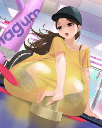 Rule 34 | 1girl, air hockey, blush, bra, breasts, brown eyes, brown hair, collarbone, commentary, dutch angle, from below, game, gigantic breasts, hat, highres, indoors, lace, lace bra, long hair, masamasa, open mouth, original, see-through, shiny skin, shirt, solo, sweat, underwear, upper body, yellow shirt