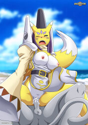 Rule 34 | beach, digimon, digimon (creature), digimon tamers, girl on top, highres, metaletemon, monkey tail, rape, reverse cowgirl position, sex, sex from behind, sex on the beach, small penis, straddling, tail, taomon