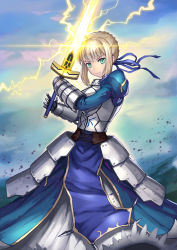 Rule 34 | &gt;:), 1girl, ahoge, aqua eyes, armor, armored dress, artoria pendragon (all), artoria pendragon (fate), bad id, bad pixiv id, blonde hair, blue dress, braid, braided bun, closed mouth, cloud, cloudy sky, commentary, dress, energy sword, excalibur (fate/stay night), fate/stay night, fate (series), gauntlets, hair bun, hair ribbon, holding, holding sword, holding weapon, juliet sleeves, long sleeves, looking at viewer, maekawa yuichi, outdoors, puffy sleeves, ribbon, saber (fate), single hair bun, sky, smile, solo, standing, sword, v-shaped eyebrows, weapon