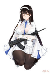 Rule 34 | 1girl, absurdres, artist name, assault rifle, between breasts, black hair, black pantyhose, breasts, brown eyes, bullpup, cape, cleavage, closed mouth, detached sleeves, dickbomber, fingerless gloves, full body, girls&#039; frontline, gloves, gun, hairband, highres, impossible clothes, impossible shirt, kneeling, large breasts, long hair, looking at viewer, pantyhose, pleated skirt, qbz-95, rifle, shirt, simple background, skirt, smile, solo, type 95 (girls&#039; frontline), very long hair, weapon, white background, white gloves
