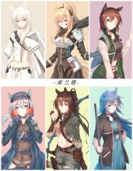 Rule 34 | 6+girls, ;), absurdres, animal ears, apple, arknights, armor, arrow (projectile), belt, black choker, black footwear, black gloves, black jacket, black legwear, black scarf, black shirt, black skirt, blonde hair, blue dress, blue eyes, blue gloves, blue hair, blue jacket, blue pants, blush, boots, bow (weapon), bracer, braid, breastplate, breasts, brown belt, brown hair, brown shirt, capelet, catapult (arknights), choker, clothes writing, commentary request, cowboy shot, crop top, dress, fang (arknights), food, fruit, gloves, grani (arknights), green eyes, green jacket, grey capelet, grey pants, grey shirt, groin, hair between eyes, hand up, hands up, hat, headphones, headset, high collar, highres, hip vent, holding, holding food, holding fruit, horse ears, id card, jacket, long hair, long sleeves, looking at viewer, medium breasts, meteor (arknights), midriff, miniskirt, minuo, multiple girls, navel, nearl (arknights), one eye closed, open clothes, open jacket, pants, parted lips, pauldrons, platinum (arknights), ponytail, pouch, purple eyes, quiver, scarf, shirt, short dress, short hair, short shorts, shorts, shoulder armor, silver hair, skirt, skirt set, smile, standing, stomach, t-shirt, tail, thigh boots, thighhighs, translation request, vambraces, very long hair, w, weapon, white shirt, white shorts, wide sleeves, yellow eyes, zettai ryouiki