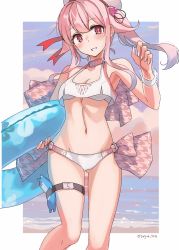 Rule 34 | 1girl, alternate costume, beret, bikini, blue hair, breasts, cowboy shot, flower, gradient hair, hair flower, hair ornament, harusame (kancolle), hat, highres, houndstooth, innertube, kantai collection, medium breasts, multicolored hair, parted lips, pink hair, red eyes, ribbon, side ponytail, smile, solo, sugue tettou, swim ring, swimsuit, white bikini, white hat