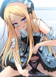 Rule 34 | 1girl, abigail williams (animejapan 2018) (fate), abigail williams (fate), alternate costume, arm garter, black bow, black hat, black legwear, black panties, blonde hair, blue dress, blue eyes, blush, bow, bow panties, clitoris, clothes lift, commentary request, dress, dress lift, fate/grand order, fate (series), frilled dress, frills, girl on top, hair bow, hat, highres, lifted by self, long hair, naughty face, official alternate costume, panties, parted bangs, parted lips, pov, saiki rider, see-through, sleeveless, sleeveless dress, smile, solo focus, straddling, underwear, very long hair, white bow