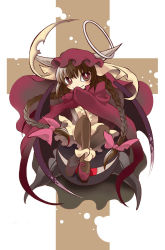 Rule 34 | 1girl, alternate costume, braid, brown eyes, brown hair, chibi, covering face, covering own mouth, covering privates, evil eye sigma, ex-rika, female focus, horns, kuri meigetsu, long hair, pantyhose, rika (touhou), sitting, solo, touhou, touhou (pc-98), twin braids, twintails, very long hair