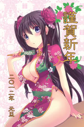 Rule 34 | 10s, 1girl, 2012, black hair, breasts, china dress, chinese clothes, cleavage, cleavage cutout, folded fan, clothing cutout, dress, hand fan, flower, folding fan, hair flower, hair ornament, large breasts, long hair, nail polish, new year, no panties, original, otabe sakura, purple eyes, sitting, solo, translation request, twintails