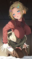 Rule 34 | 1girl, ahoge, asahina hikage, black ribbon, blonde hair, blue eyes, blush, boots, breasts, brown footwear, clothes lift, commentary request, covered erect nipples, hair intakes, high-waist skirt, highres, indoors, large breasts, looking at viewer, mature female, mushoku tensei, open clothes, open shirt, panties, panty pull, ponytail, pulled by self, purple panties, red shirt, ribbon, shirt, short hair, skirt, skirt lift, solo, suspender skirt, suspenders, thigh boots, thighhighs, underwear, zenith greyrat