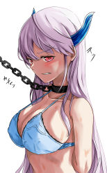 Rule 34 | 1girl, absurdres, arm behind back, arms behind back, blue bra, blush, bra, breasts, chain, chain leash, chain necklace, chained, cleavage, clenched teeth, collarbone, female focus, hair behind ear, hair ornament, highres, jewelry, kinoshouta, leash, long hair, looking at viewer, mato seihei no slave, necklace, no shirt, open mouth, red eyes, simple background, slave, solo, sweat, teeth, underwear, underwear only, upper body, uzen kyouka, white background, white hair