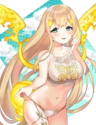Rule 34 | 1girl, adjusting clothes, adjusting swimsuit, bikini, blonde hair, blue eyes, blush, breasts, energy wings, flower, hair flower, hair ornament, happy, highres, large breasts, legband, long hair, looking at viewer, parted lips, rapunzel (sinoalice), sidelocks, sinoalice, smile, solo, swimsuit, very long hair, wet, yellow flower, yuna726