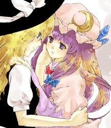 Rule 34 | 2girls, alternate eye color, bad id, bad pixiv id, blonde hair, blue eyes, couple, crescent, female focus, gr-project, hair ribbon, hand on another&#039;s face, hat, kirisame marisa, light smile, moon, multiple girls, patchouli knowledge, puffy short sleeves, puffy sleeves, purple eyes, purple hair, ribbon, short sleeves, touhou, tress ribbon, yuri