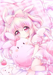 Rule 34 | 1girl, animal ears, bed, blush, bow, chiika (cure cherish), child, dress, hair bow, highres, long hair, lying, hugging object, on back, on bed, original, pillow, pink bow, pink eyes, pink footwear, pink hair, puffy short sleeves, puffy sleeves, rabbit ears, short sleeves, socks, solo, stuffed animal, stuffed rabbit, stuffed strawberry, stuffed toy, two side up