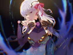 Rule 34 | 1girl, anniversary, armor, bikini armor, black background, blurry, daeraeband, detached sleeves, distortion, dress, earrings, fate/grand order, fate (series), floral print, flower, gold armor, gold earrings, hair ribbon, halterneck, hand to own mouth, hand up, highres, jewelry, kama (fate), kama (second ascension) (fate), long hair, looking at viewer, lotus, pink flower, pink ribbon, purple dress, purple sleeves, red eyes, ribbon, short dress, shoulder armor, simple background, solo, twitter username, upper body, white hair
