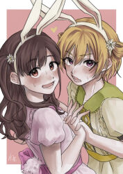Rule 34 | 0728 necota, animal ear hairband, animal ears, blonde hair, blush, brown hair, commentary request, dress, fake animal ears, fake tail, green sailor collar, hairband, heart, highres, holding hands, idolmaster, idolmaster shiny colors, interlocked fingers, looking at viewer, nervous smile, nervous sweating, pink dress, puffy short sleeves, puffy sleeves, rabbit ear hairband, rabbit ears, rabbit tail, saijo juri, sailor collar, short sleeves, signature, simple background, smile, sonoda chiyoko, sweat, sweatdrop, tail, two-tone background