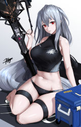 Rule 34 | 1girl, alternate costume, arknights, bare shoulders, bikini, black bikini, breasts, chaciooh, commentary, cooler, gradient background, grey background, grey hair, hair between eyes, highres, large breasts, long hair, looking at viewer, midriff, navel, parted lips, red eyes, sidelocks, sitting, skadi (arknights), solo, stomach, swimsuit, sword, thigh strap, thighs, very long hair, weapon, white background