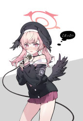 Rule 34 | 1girl, beret, biohazard symbol, black choker, black hat, black shirt, black wings, blue archive, blush, cable, choker, chunrijun (springer), collarbone, commentary request, feathered wings, halo, hands up, hat, head wings, holding, holding microphone, koharu (blue archive), long hair, long sleeves, looking at viewer, microphone, neckerchief, nose blush, off shoulder, parted lips, pink hair, pink neckerchief, pleated skirt, puffy long sleeves, puffy sleeves, purple eyes, purple skirt, sailor collar, shirt, skirt, sleeves past wrists, solo, standing, translation request, twintails, white sailor collar, wings
