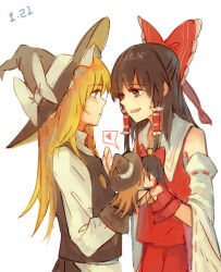 Rule 34 | 2girls, bigreen, black vest, blonde hair, blush, bow, brown hair, character doll, dated, detached sleeves, frilled bow, frilled hair tubes, frilled hat, frills, hair bow, hair tubes, hakurei reimu, hand puppet, hat, heart, highres, kirisame marisa, kiss, long hair, long sleeves, multiple girls, open mouth, puppet, red bow, red headwear, smile, spoken heart, touhou, vest, white bow, witch hat, yuri