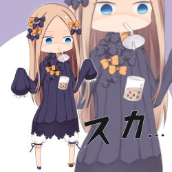 Rule 34 | 1girl, abigail williams (fate), bendy straw, black bow, black dress, black footwear, blonde hair, bloomers, blue eyes, bow, bubble tea, bubble tea challenge, bug, butterfly, chibi, commentary, cup, disposable cup, dress, drinking straw, empty eyes, failure, fate/grand order, fate (series), forehead, hair bow, hands up, highres, insect, long hair, long sleeves, mouth hold, multiple hair bows, no headwear, orange bow, parted bangs, polka dot, polka dot bow, purple background, shoes, sleeves past fingers, sleeves past wrists, solo, su guryu, translated, two-tone background, underwear, very long hair, white background, white bloomers, zoom layer