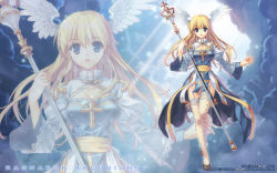 Rule 34 | 1girl, arch bishop (ragnarok online), bad id, bad pixiv id, blonde hair, blue eyes, blue theme, breasts, cross, female focus, fishnet thighhighs, fishnets, full body, garter straps, head wings, highres, lace, lace-trimmed legwear, lace trim, long hair, outdoors, ragnarok online, shuen, shuen (artist), sky, solo, staff, thighhighs, wallpaper, wings, zoom layer