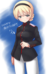 Rule 34 | 1girl, a9b (louis814), blonde hair, blue eyes, blush, braid, cowboy shot, hairband, happy birthday, highres, jacket, long hair, long sleeves, military, military uniform, noble witches, pantyhose, rosalie de hemricourt de grunne, smile, solo, strike witches, uniform, white pantyhose, world witches series