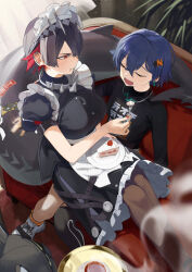 2girls apron belle_(zenless_zone_zero) black_dress black_hair black_shirt black_thighhighs blue_hair breasts brown_pantyhose cake closed_eyes collar colored_inner_hair couch dress ellen_joe feeding fins fish_tail food hair_ornament highres large_breasts lempika letter_hair_ornament long_sleeves maid_headdress medium_breasts metal_collar metal_hairband multicolored_hair multiple_girls open_mouth pantyhose pink_hair plate puffy_short_sleeves puffy_sleeves red_eyes shark_girl shark_tail shirt short_hair short_sleeves single_thighhigh sitting smile spiked_headband tail thighhighs waist_apron white_apron wrist_cuffs zenless_zone_zero