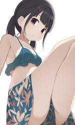 Rule 34 | 1girl, armpits, bikini, black hair, blue bikini, breasts, chestnut mouth, crossed legs, floral print, frilled swimsuit, frills, highres, hiroki (yyqw7151), legs, light blush, looking at viewer, low twintails, medium hair, midriff, original, purple eyes, sideways glance, sitting, small breasts, solo, swimsuit, swimsuit skirt, thighs, twintails, white background