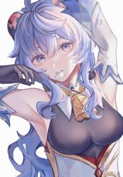 Rule 34 | 1girl, ahoge, armpits, arms up, bell, blue hair, breasts, detached sleeves, ganyu (genshin impact), genshin impact, highres, horns, kyul gnsn, long hair, looking at viewer, medium breasts, neck bell, petals in mouth, purple eyes, sidelocks, solo, upper body, white background, white sleeves