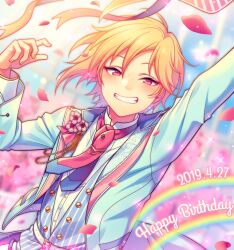 Rule 34 | 1boy, arm up, belt, belt buckle, blonde hair, blurry, blurry background, buckle, buttons, chiyu (silverxxxx), commentary request, dated, ensemble stars!, fingernails, flower, hand up, happy birthday, lapels, long sleeves, looking at viewer, male focus, nito nazuna, petals, pink eyes, rainbow, short hair, smile, solo, teeth, upper body, white belt