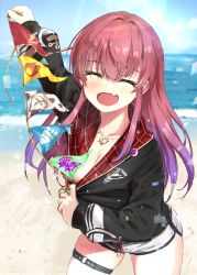 Rule 34 | 1girl, :d, ^ ^, bait and switch, beach, black jacket, breasts, cleavage, closed eyes, commentary, cowboy shot, day, dolphin shorts, earrings, facing viewer, fang, gradient hair, hair between eyes, highres, hololive, houshou marine, houshou marine (summer), jacket, jewelry, large breasts, long hair, long sleeves, multicolored hair, necklace, o-ring, o-ring thigh strap, official alternate costume, open mouth, outdoors, purple hair, red hair, shorts, sidelocks, skin fang, smile, solo, string of flags, thigh strap, virtual youtuber, wankosukii
