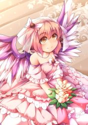 Rule 34 | 1girl, bare shoulders, bird wings, bouquet, bridal veil, bride, brown eyes, commentary request, dress, flower, frilled dress, frills, fun bo, jewelry, mystia lorelei, necklace, pink dress, red hair, smile, solo, touhou, veil, wedding dress, wings