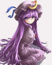 Rule 34 | 1girl, blue ribbon, blush, capelet, crescent, crescent hat ornament, dress, from behind, grey background, hat, hat ornament, highres, long hair, looking at viewer, looking back, matsufox, patchouli knowledge, purple eyes, purple hair, ribbon, sitting, solo, touhou, very long hair