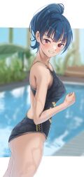Rule 34 | 1girl, absurdres, alternate costume, alternate hairstyle, backless swimsuit, black one-piece swimsuit, blue hair, blurry, blurry background, breasts, competition swimsuit, dutch angle, from side, grin, hand up, highleg, highleg swimsuit, highres, horai sennkyo, long hair, looking at viewer, love live!, love live! sunshine!!, medium breasts, one-piece swimsuit, ponytail, pool, poolside, red eyes, smile, solo, swimsuit, tsushima yoshiko, water, wet