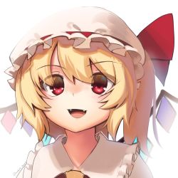 Rule 34 | 1girl, :d, absurdres, blonde hair, boa (brianoa), commentary, english commentary, eyes visible through hair, fangs, flandre scarlet, hat, highres, looking at viewer, mob cap, open mouth, red eyes, short hair, simple background, smile, solo, touhou, twitter username, upper body, white hat, wide-eyed, wings