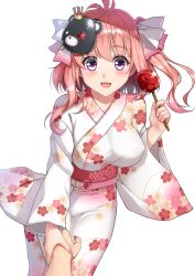 Rule 34 | 1girl, blush, breasts, candy apple, food, hair ribbon, highres, japanese clothes, kimono, large breasts, long sleeves, looking at viewer, mask, mask on head, obi, open mouth, original, pink hair, purple eyes, ribbon, sash, simple background, smile, solo focus, terras, twintails, white background, yukata