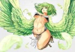 Rule 34 | 1girl, blue eyes, breasts, feathered wings, feathers, female focus, flying, green hair, harpy, highres, large breasts, midriff, monster girl, navel, original, parted lips, solo, tark (318), underboob, wings