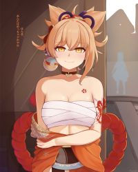 Rule 34 | 1girl, absurdres, arm tattoo, bandages, bare shoulders, blush, breasts, chest tattoo, choker, cleavage, collarbone, genshin impact, hair ornament, half-closed eyes, highres, japanese clothes, kimono, looking at viewer, medium breasts, mockingeu, orange eyes, orange hair, orange kimono, sarashi, strapless, tattoo, text focus, translated, tube top, undressing, upper body, yoimiya (genshin impact)