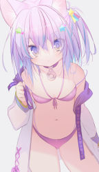 Rule 34 | 1girl, animal ear fluff, animal ears, bikini, breasts, cat ears, closed mouth, collarbone, d omm, hair ornament, hood, hoodie, jacket, jewelry, looking at viewer, multicolored hair, navel, necklace, off shoulder, one side up, original, petite, purple eyes, purple hair, shooting star, shooting star hair ornament, short hair, small breasts, solo, star (symbol), star hair ornament, star necklace, swimsuit, thighs, two-tone hair, white background, white jacket