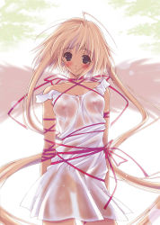 Rule 34 | blonde hair, blush, character request, highres, long hair, looking at viewer, nipples, ribbon, see-through