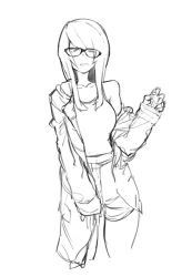 Rule 34 | 1girl, breasts, copyright request, glasses, greyscale, jacket, kotoyama, long hair, looking at viewer, monochrome, open mouth, shorts, simple background, solo, tank top, white background