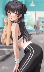 Rule 34 | 1girl, ass, bare shoulders, black hair, black pants, black sports bra, blunt bangs, blunt ends, blurry, blurry background, blush, breasts, brown eyes, commentary, from side, gym, highres, holding, holding towel, idolmaster, idolmaster shiny colors, leaning forward, logo, long hair, looking at viewer, mayuzumi fuyuko, nike (company), pants, small breasts, sports bra, steaming body, striped, sweat, takio (kani sama), towel, vertical stripes, wristband, yoga pants