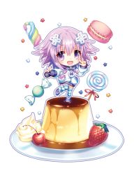 Rule 34 | 10s, 1girl, candy, cherry, chibi, cream, d-pad, food, fruit, hair ornament, lollipop, looking at viewer, macaron, narinn, neptune (neptunia), neptune (series), pudding, purple eyes, purple hair, short hair, smile, solo, strawberry, sweet, sweets, transparent background, v