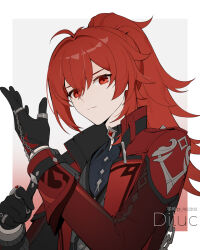 Rule 34 | 1boy, black gloves, character name, closed mouth, coat, diluc (genshin impact), diluc (red dead of night) (genshin impact), genshin impact, gloves, hair between eyes, highres, long hair, long sleeves, looking at viewer, male focus, ponytail, red coat, red eyes, red hair, rj (lingshih10), simple background, solo, upper body